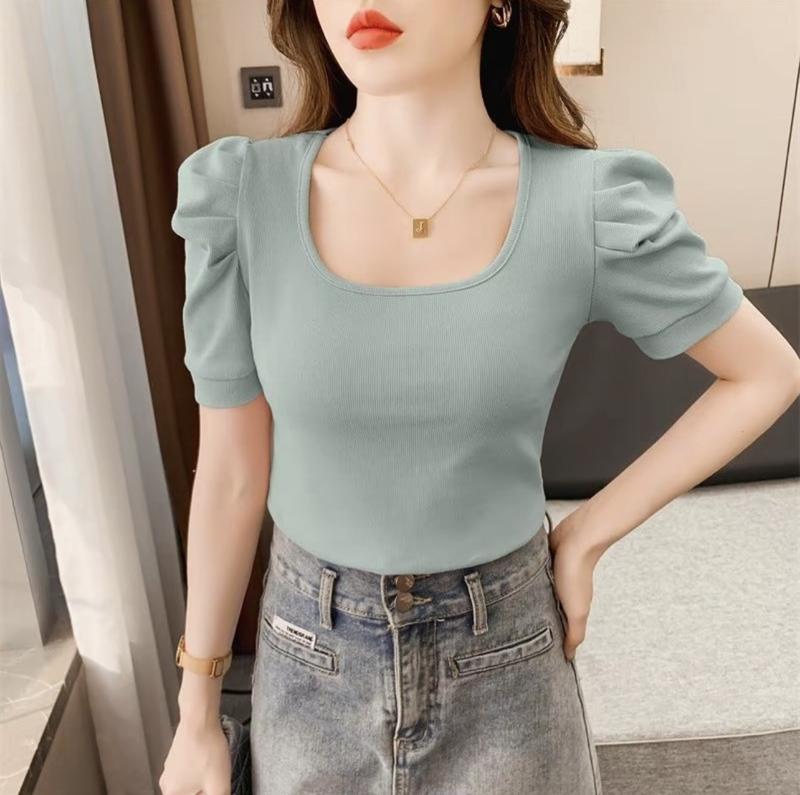 Áo Thun Gân Tăm Co Giãn Cổ Chữ U Tay Phồng Dáng Ôm Body Thanh Lịch Có Quà Tặng Đính Kèm Top Women Nữ Kem Dáng Ngắn