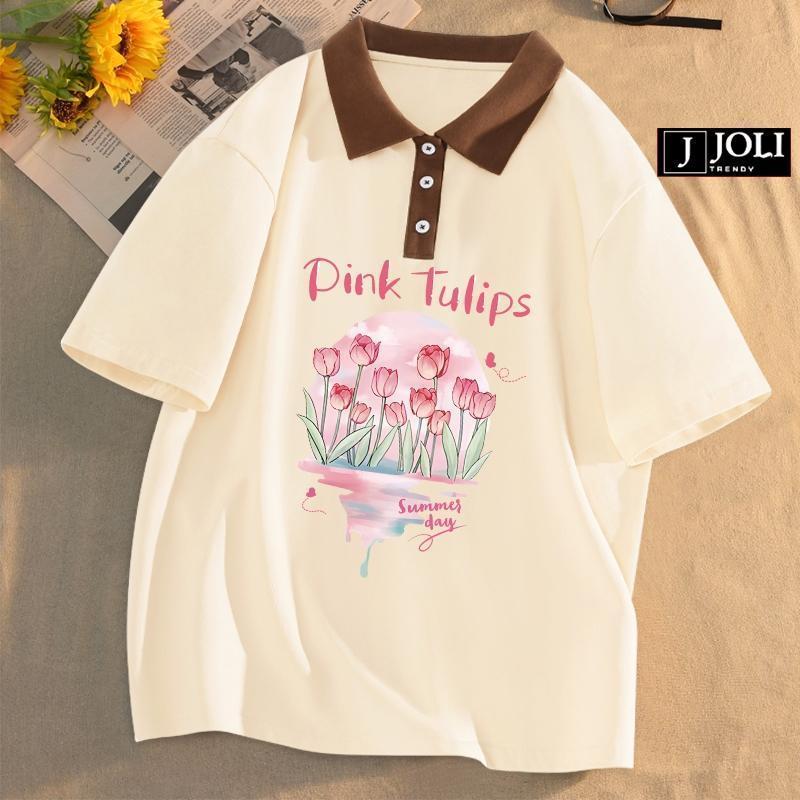 Áo Polo Nữ, Polo Unisex By JOLI Mã PL PinkTulips Form Rộng Tay Lỡ Cho Nam Nữ Top Cotton 1