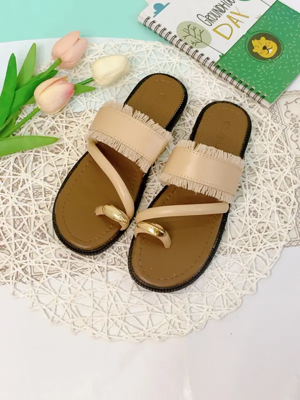 Dép nữ xỏ ngón đính khuy quai ngang tua rua thời trang Nhung DéP Shoes Jean Đế Bằng 5