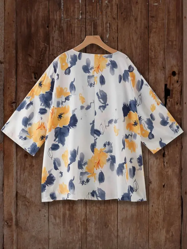 【Plus Size】 Floral Print Curved Hem Cover Up Top, Casual Half Sleeve V Neck Top for Summer, Women's Plus Clothing for Daily Wear, Shirts 4