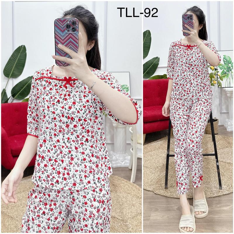 Đồ bộ tay lỡ + cộc tay cổ vuông đính nơ hoa 3 màu