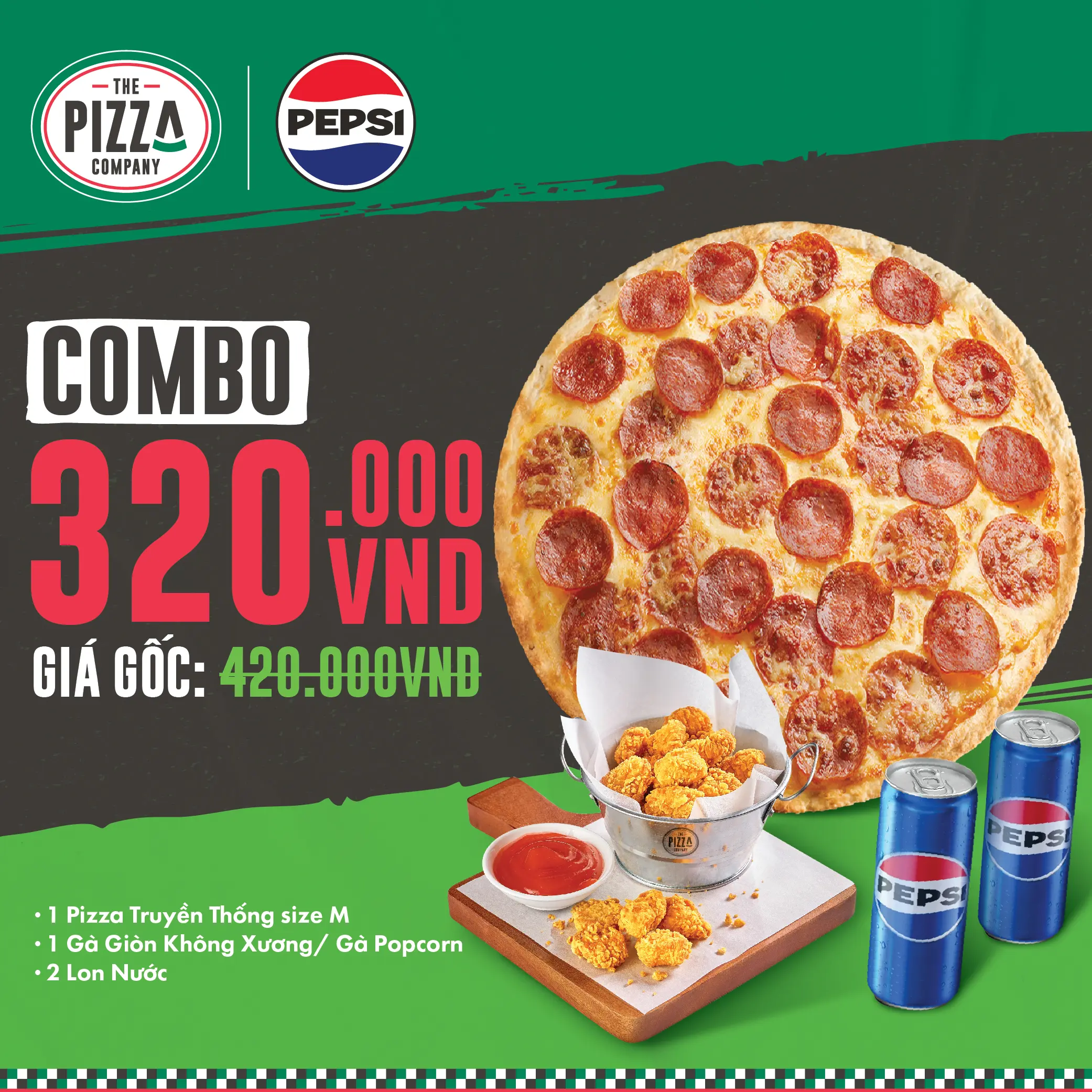 Combo Pizza M - Truyền Thống - (2-3 người) - 1 Pizza Truyền Thống size M + 1 Gà Giòn Không Xương/ Gà Popcorn + 2 lon Pepsi - The Pizza Company - (Giao nhanh 1H)