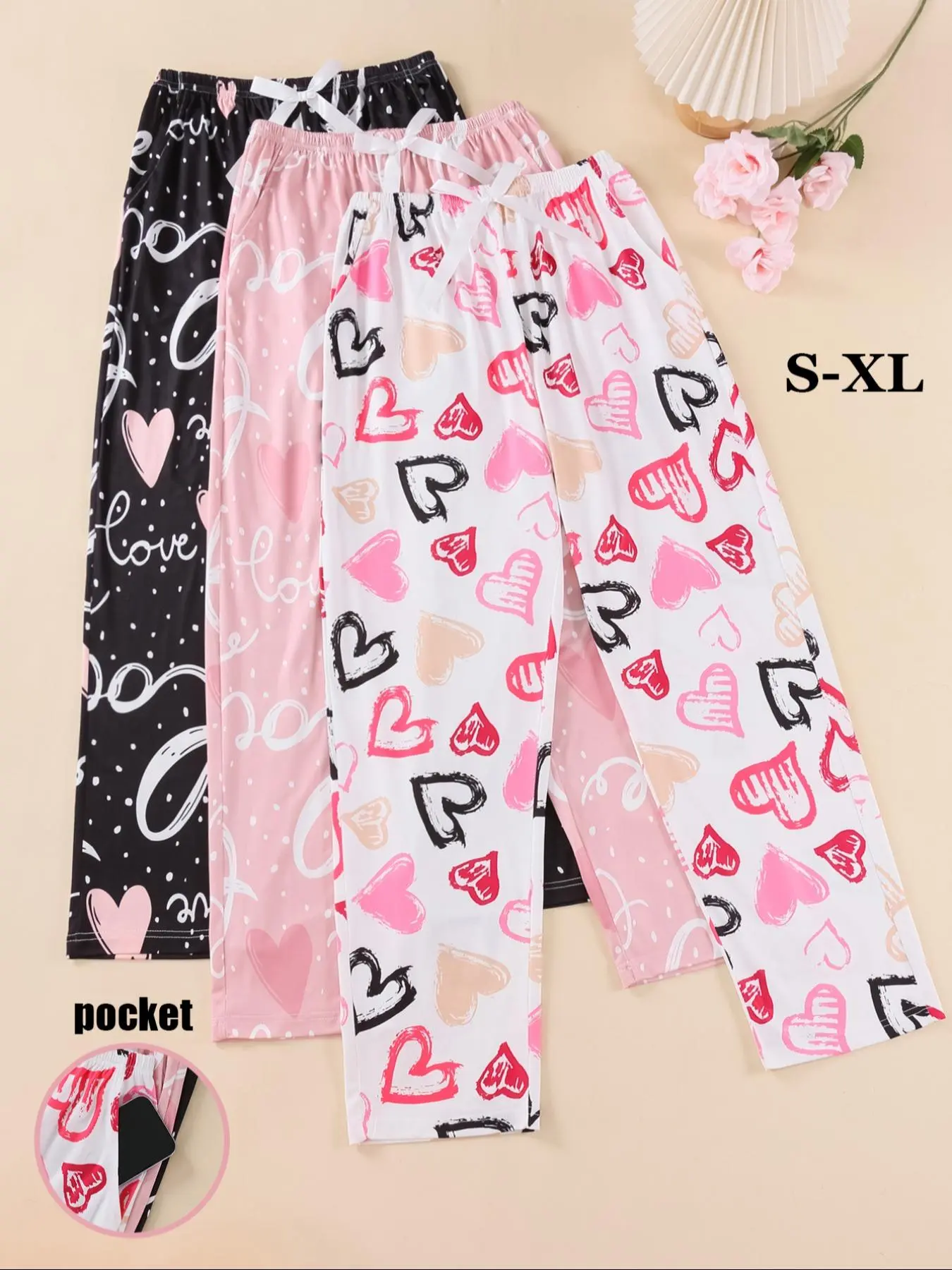 Women's Heart Print Pajama Pants, Casual Comfy Lounge Pants with Pocket Design, Ladies Sleepwear for All Seasons