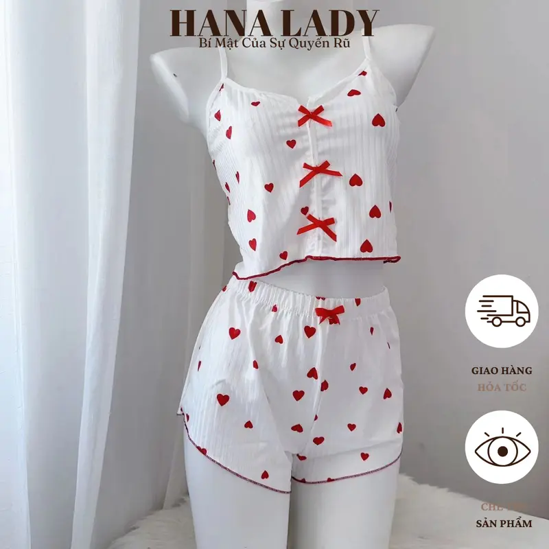 Đồ Ngủ Nữ - Bộ Ngủ Thun 2 Dây Croptop Họa Tiết Trái Tim Đính Nơ VN605 6