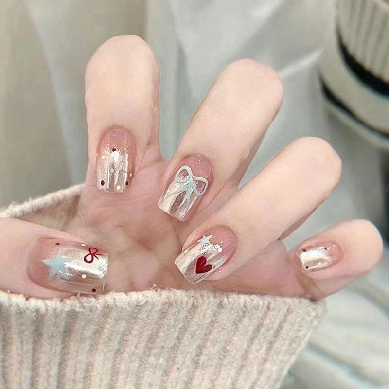 Product Introduction of 24Pcs Fake Nails Set Light Luxury Flashing False Nails French Wearable Nails Removable False Nails 21
