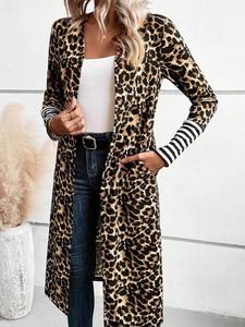 Women's Leopard Print Longline Coat, Casual Long Sleeve Outerwear for Fall & Winter, Ladies Clothes for Daily Wear