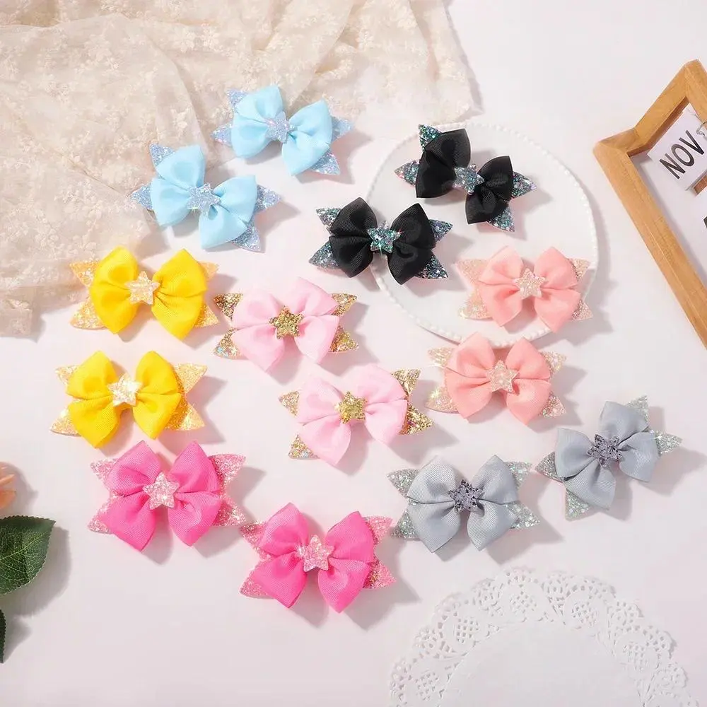 2Pcs/set Star Glitter Bowknot Hair Clips for Baby Girls Boutique Fashion Ribbon Dovetail Bow Barrette Headwear Hair Accessories