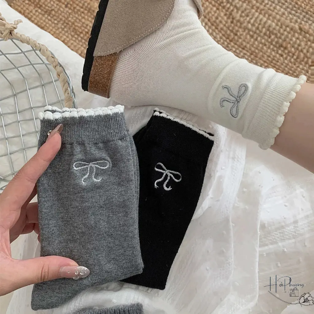 Tất Cổ Cao Nữ Tất Thêu  Puff Mouth Nơ Lụa Bạc Hút Ẩm Thời Trang TCC-N128 Women Cotton tất  trắng