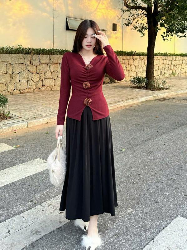 Set áo len tăm lông thỏ dài tay họa tiết hoa mềm mịn, ấm áp đi kèm chân váy xếp ly, phong cách hàn quốc. SEH011 Tuệ Minh House Nữ Women Kem Top