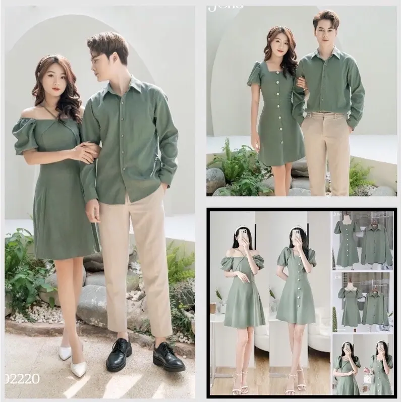 Set đầm nữ cổ vuông và sơmi nam tay dài màu xanh rêu
