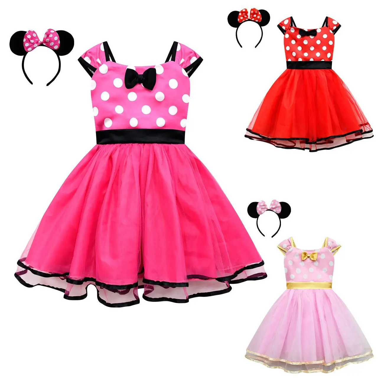 Summer Polka Dot Princess Dress Mickey Minnie Dress Mesh Red  Short-sleeved Dress Headband