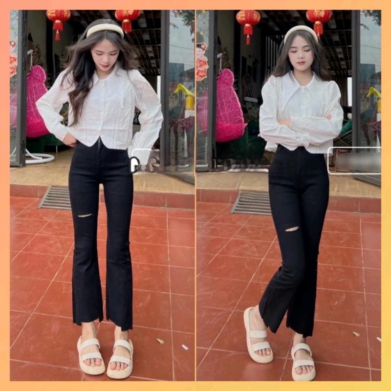 Quần jean ống loe lưng cao nữ rách gối 1 bên vải jean giấy co giãn tốt Q55 3