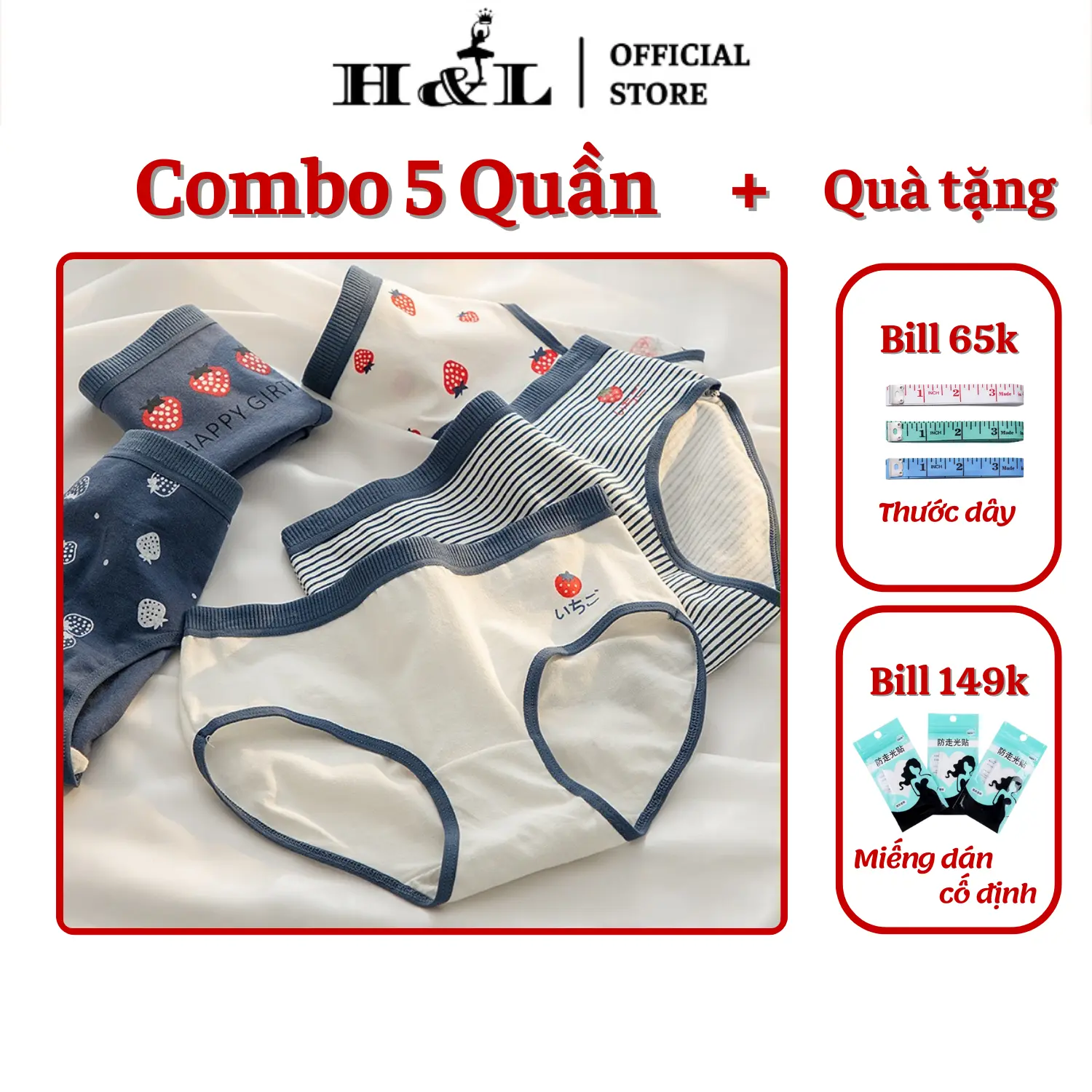 Combo 5 Quần lót nữ cotton dâu tây dễ thương, lưng quần bo chun ôm body HLBOUTIQUE L8021 Voi Women