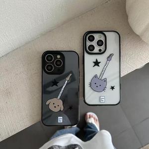 Minimalist Couple Star Guitar Cat Suitable for Apple 16 Pro Phone Case iPhone 15/14 Pro Max Black Edge