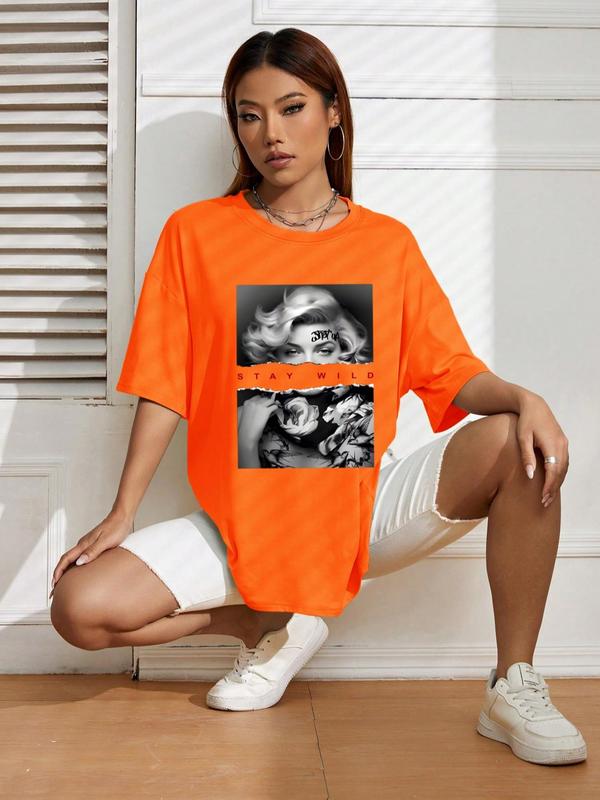 Women's Graphic Print Drop Shoulder Half Sleeve Tee, Fashion Casual Crew Neck T-shirt for Daily Holiday Vacation Outdoor Wear, Ladies Clothes for All Seasons 6