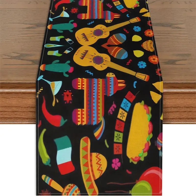 Mexican-themed Table Runner, Colorful Mexican-inspired Design Table Runner, Durable Indoor Outdoor Use Table Decor for Kitchen, Dining Room, Party 0