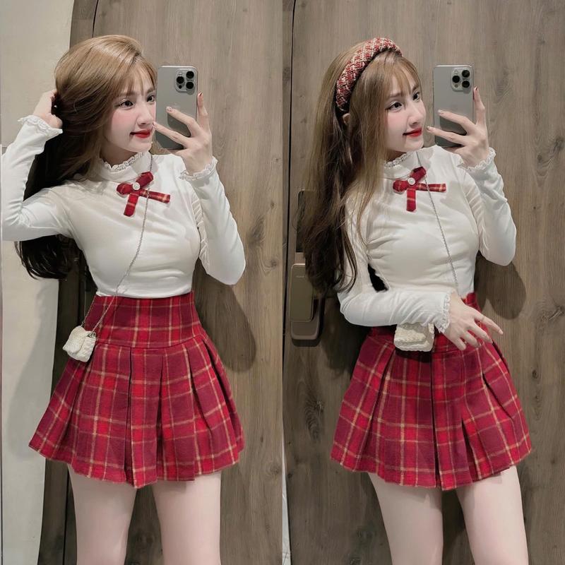 Set váy áo tăm dài kết nơ xinh xắn kèm chân váy xòe caro 2 màu sắc cho nữ chơi Tết, Noen - Women