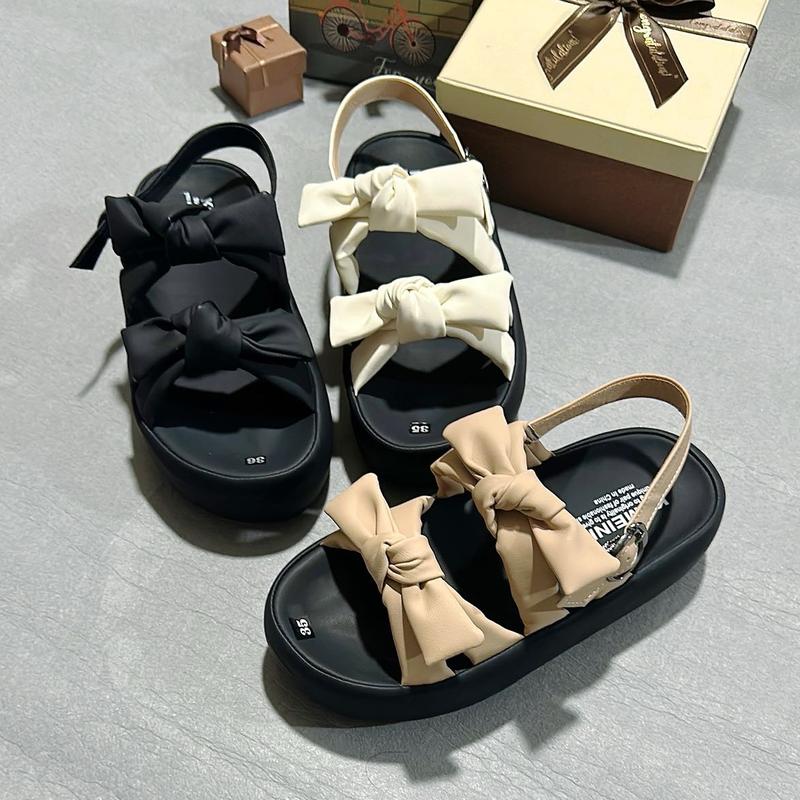 Sandal Nữ quai nơ cột đế cao 5cm da mềm êm nhẹ chân mũi tròn màu nâu/kem/đen 5
