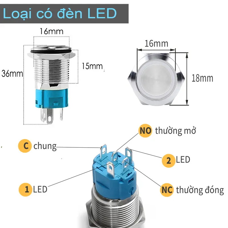 Nút công tắc on/off 16mm, Kiểu nhấn Tự khóa, Vỏ Kim loại có đèn LED, Điện áp 5V-24V, 110-220V 3