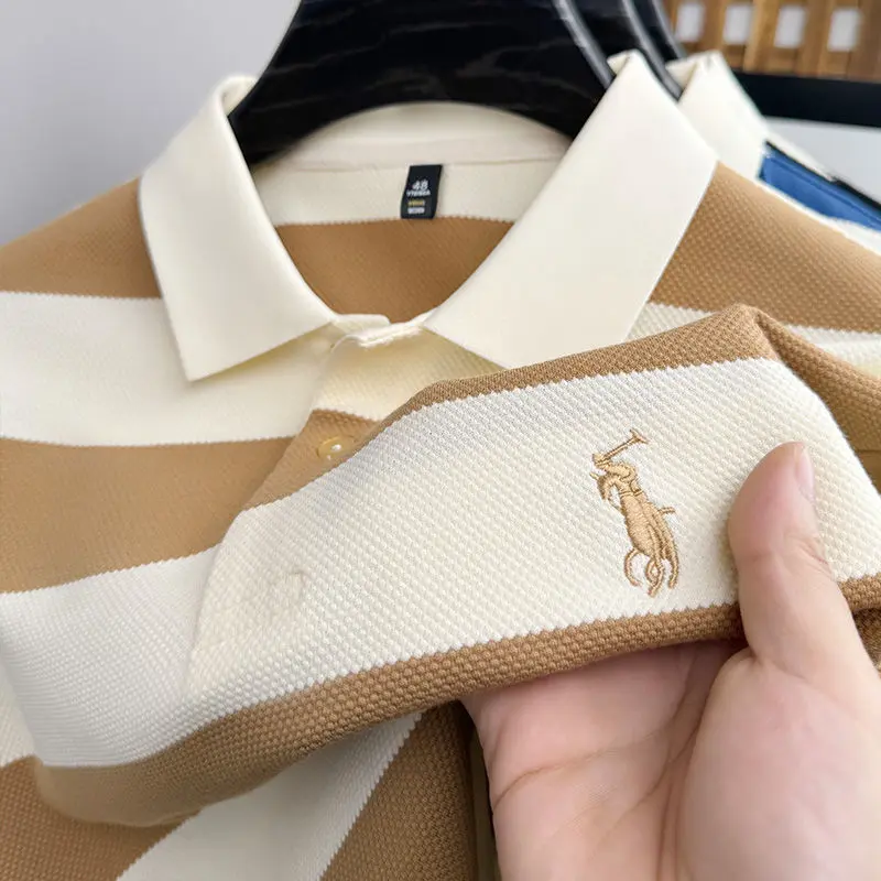 Áo Thun Nam Kẻ Sọc Ngắn Tay, Hàng Mới Về Mùa Hè, Thời Trang, Cổ Polo, Thích Hợp Cho Công Việc Quốc Tế Thương Và Công Sở, Áo Tay Dài Nửa Đầu Dễ Phối Đồ Dành Cho Nam Giới Menswear Có Cổ Shirt 1
