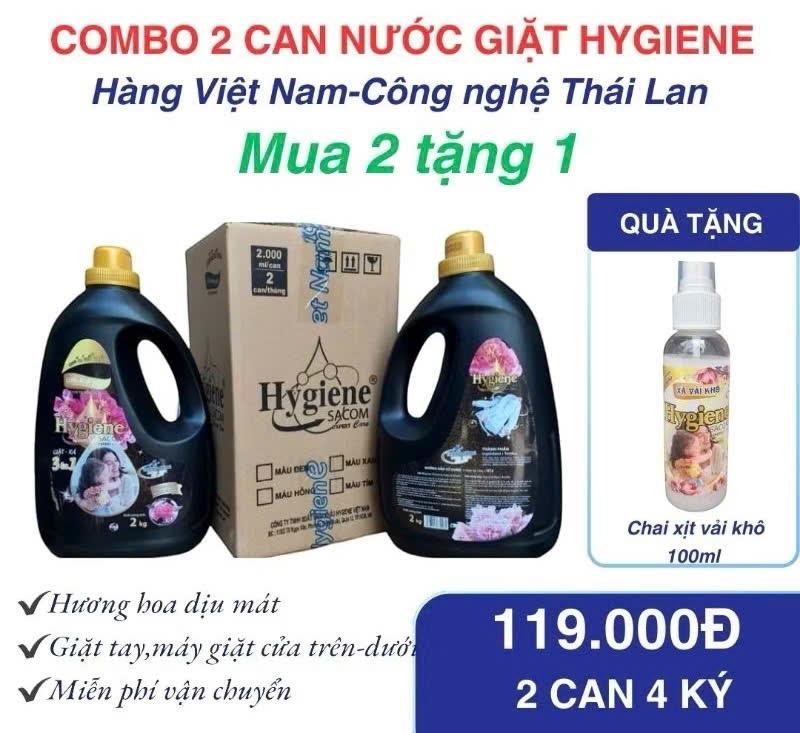 Combo 2 can Nước giặt Hygiene SACOM 3in1 Việt Nam SX theo công nghệ Thái, can 2ký 5 Màu - Tặng Quà - Cho Bé