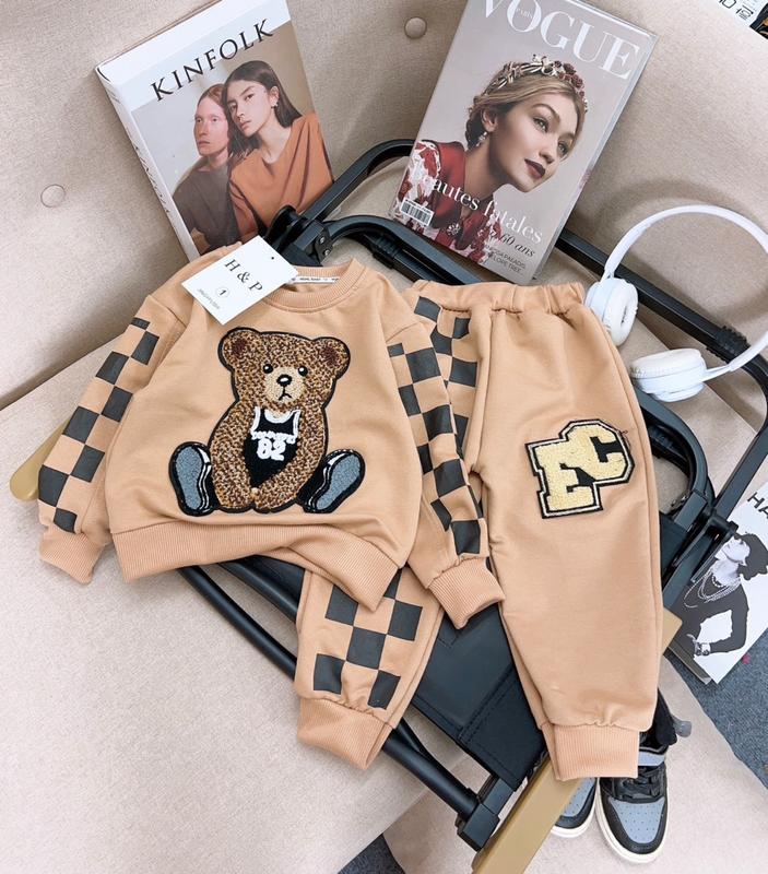 Bộ quần áo trẻ em mùa thu đông in hình gấu chất vải nỉ cotton dành cho bé trai, bé gái từ 8 - 25kg