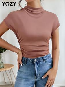 YOZY Women's Plain Ruched Mock Neck Tee, Casual Drop Shoulder Short Sleeve T-shirt for Daily Wear, Ladies Clothes for All Seasons
