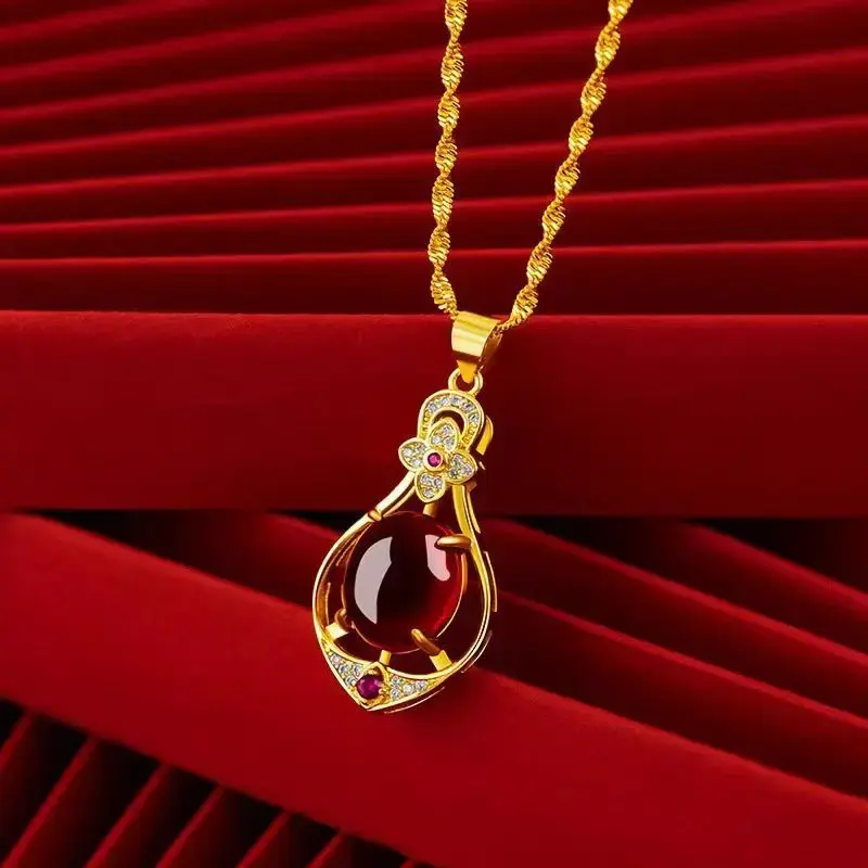 Vietnam Sand Gold Four-leaf Clover Droplet Necklace Female 2025 New Imitation Jade Pendant New Chinese Temperament Everything Neck Chain