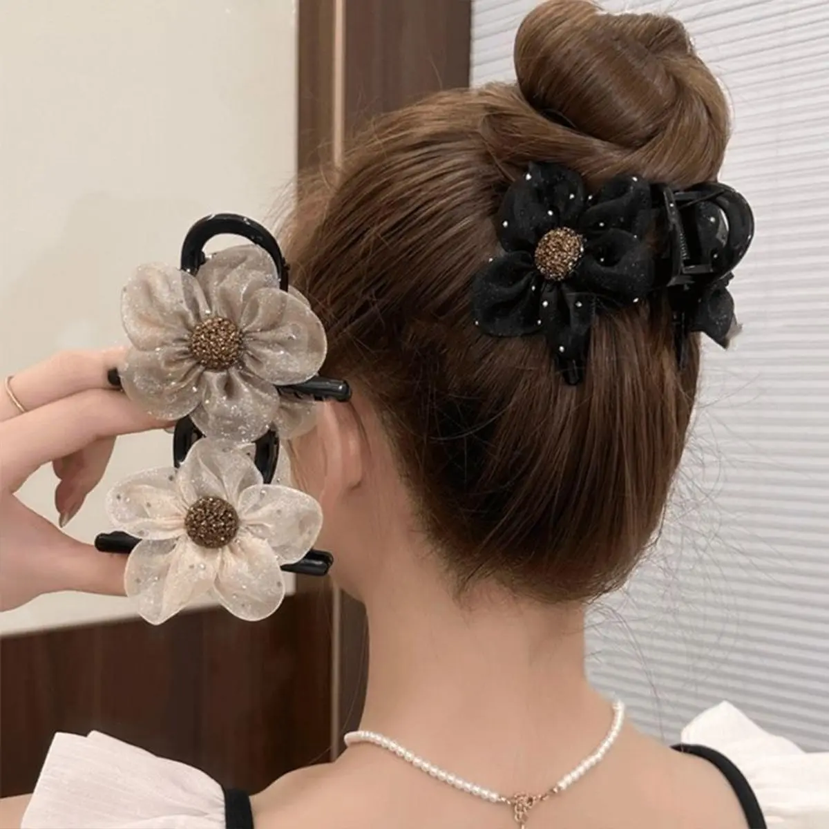 Kẹp Tóc Càng Cua Hoa Organza, Dành Cho Nữ, Kẹp Chấm Bi Sáng Bóng, Thích Hợp Cho tóc Đuôi Ngựa Và Hoa Hướng Dương, Phụ Kiện Tóc Women