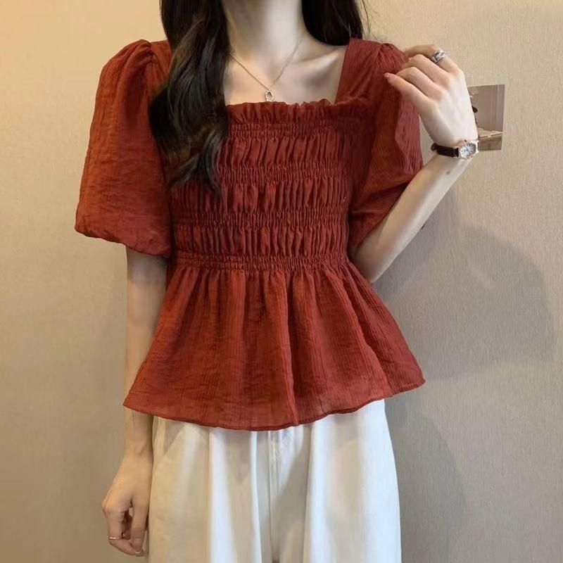 Product Introduction of Áo Voan, Cổ Vuông Phong Cách Pháp, ngắn Tay, Hàng Mới Về Mùa Hè 2025, Tay Phồng Duyên Dáng Áo Ngắn, Áo Cánh Dáng Rộng Vừa Vặn, Dành Cho Nữ 36