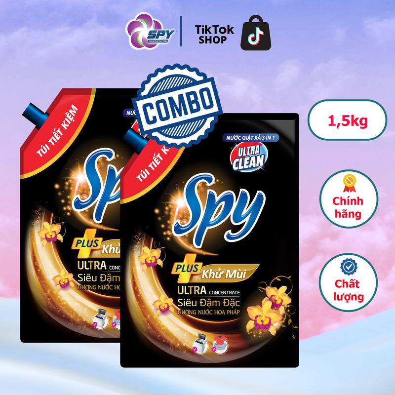 Combo 2 Túi Nước Giặt Xả SPY Ultra Clean Plus 1,5kg Khử Mùi Diệt Khuẩn Lưu Hương Lâu Bảo Vệ Quần Áo Chống Phai Màu