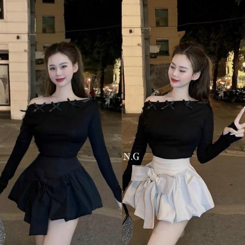 Hàng mới Chân váy nơ bồng đính nơ bản to có quần trong hottrend 2024 Chân váy bí ngô xinh đính nơ mặc được 2 kiểu nơ trước hoặc sau Women Nữ Kem