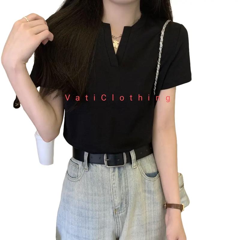 Áo thun phông nữ cổ V vải cotton 4 chiều siêu mát mùa hè, Áo baby tee nữ cổ chữ V trơn basic A077 Top Women