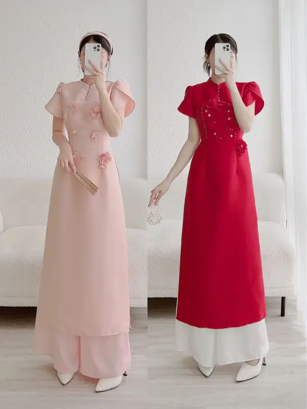 Áo dài Ái Phương tafta họa tiết thêu hoa thủ công 0