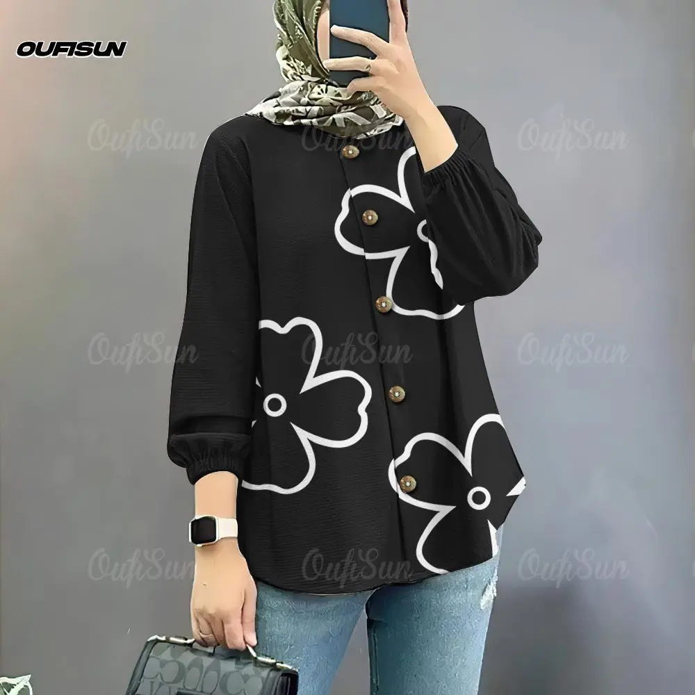2025 NEW Ladies' Family Parent Child Shirt Baju Kurung Eid Simplified Drawings Flowers Print Shirt Elegant Ramadan Gift Muslim Friendly Loose Wearing Comfortable Women's Top