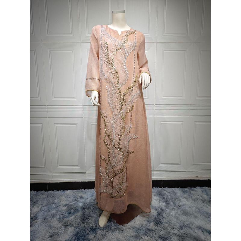 Jalabiya Bersulam, Berkilauan, Untuk Acara Petang Muslim Wanita Dusty Pink 8