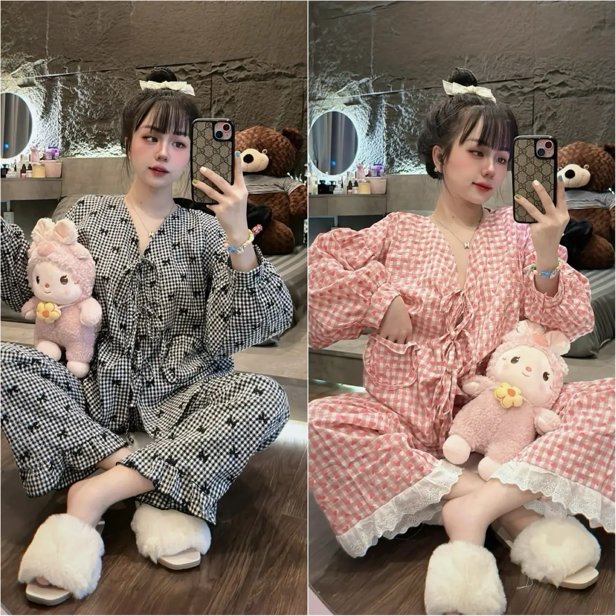 Sét bộ pijama thô cotton cột nơ dáng tay phồng siêu xinh (freesize 40-60kg) cho Nữ - Women Quần Ngủ Ong Áo Kaki