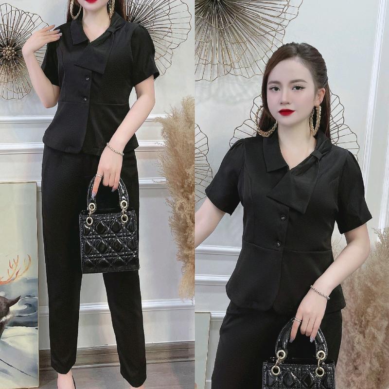 Bộ công sở màu nâu tay ngắn trượt hàn quốc, chất liệu vải loại một cho nữ - Áo, kiểu vét cổ nơ 6