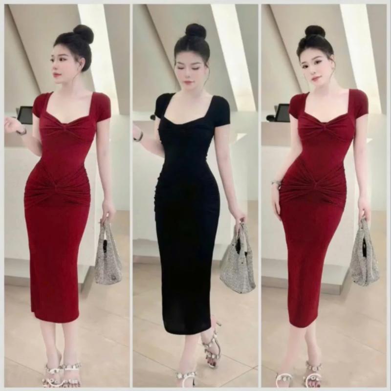 Đầm Body Dáng Dài Midi Tay Con Nhún Ngực Xoắn Eo Chất Thun Ladong Mềm Mịn Tôn Dáng Cho Nàng Đi Tiệc Đi Chơi Xinh Xắn H Nữ Women DressKhông Phải Nhung
