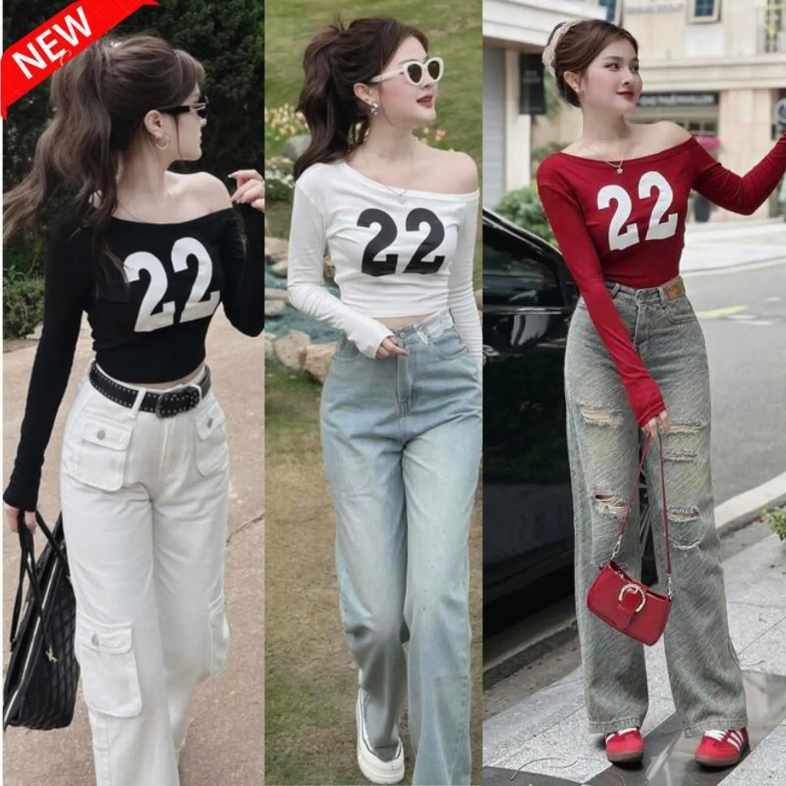 [HÀNG MỚI VỀ] Áo thun lệch vai, Áo thun nữ lệch vai dài tay in số 22 dáng ngắn chất zip cotton co dãn phong cách Hàn Quốc Women Top Đen