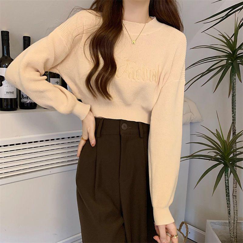 Áo Len Nữ Dệt Kim, Phong Cách Mùa Thu, Có Thêu Chữ, Cổ Tròn, Tay Dài, Dáng Rộng Vừa Vặn, Gợi Cảm, Chiều Dài Ngắn 4