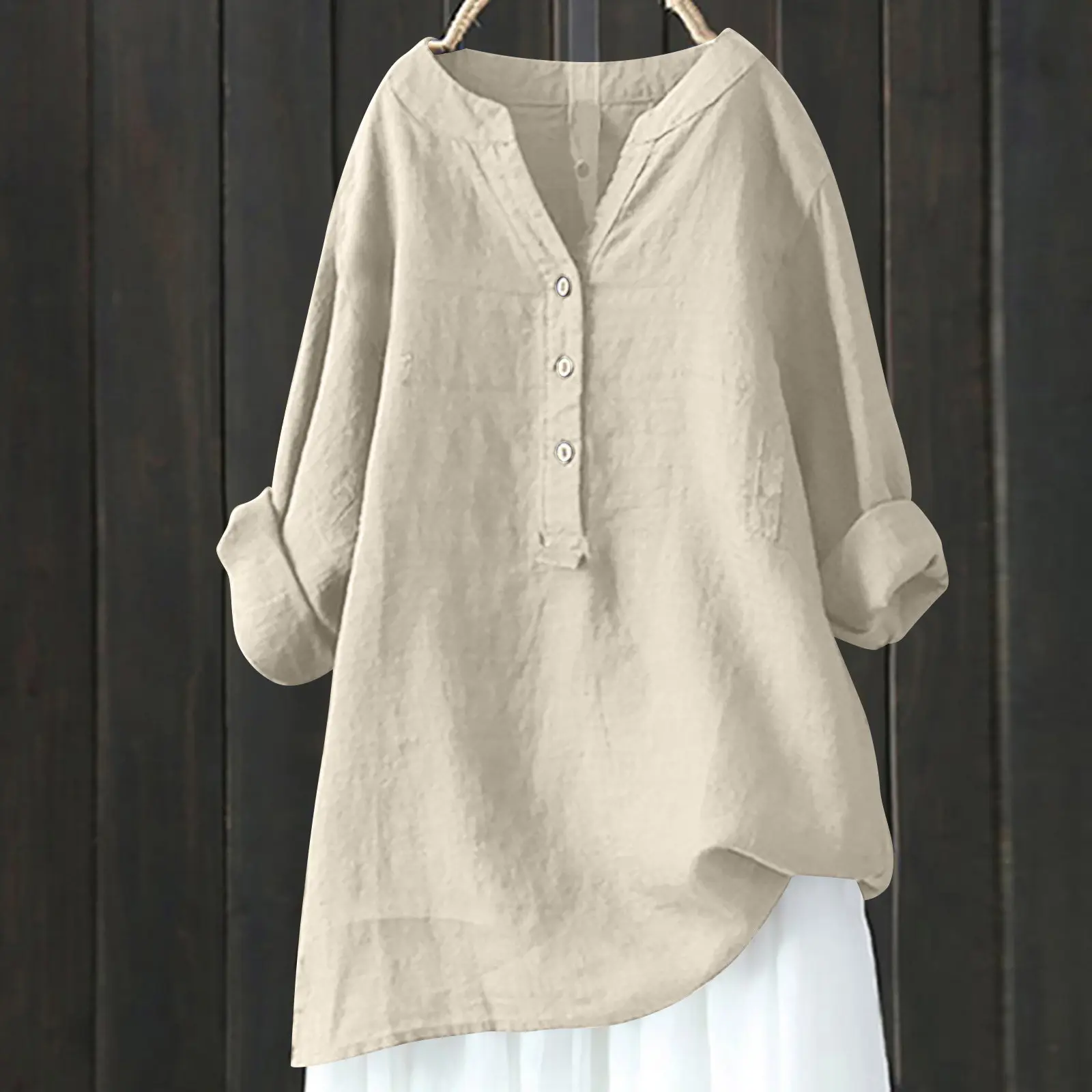 Women's fashionable v-neck long-sleeved cotton and linen top shirt, Women's T-Shirt Korean style basic tops blouse