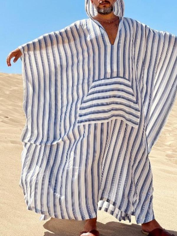 Men's Striped Print Pocket Batwing Sleeve Lounge Robe, Loose Casual Comfy Hooded Long Sleeve Dressing Gown for Spring & Fall, Men's Islamic Clothing for Daily Wear 0