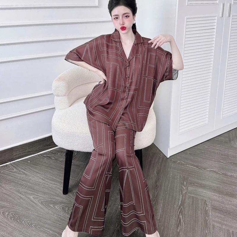   Big Size 50-75kg  Bộ Ngủ Pijama Tay Áo Cánh Dơi Quần Dài In Hình Dễ Thương Lụa Latin Women Nữ 