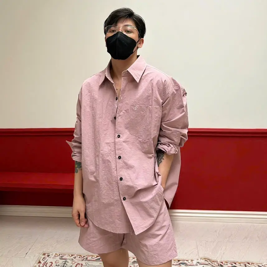 Set áo sơmi quần short nylon dù form rộng phong cách Hàn Quốc