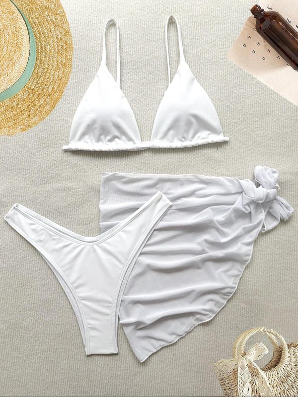 Three-Piece Set Women's Ditsy Floral Print Bow Decor Swimsuit Set, Summer Clothes Women, Adjustable Strap Triangle Bikini Bra & High Cut Bikini Panty & Asymmetrical Cover Up Skirt Set, Women's Swimwear 8