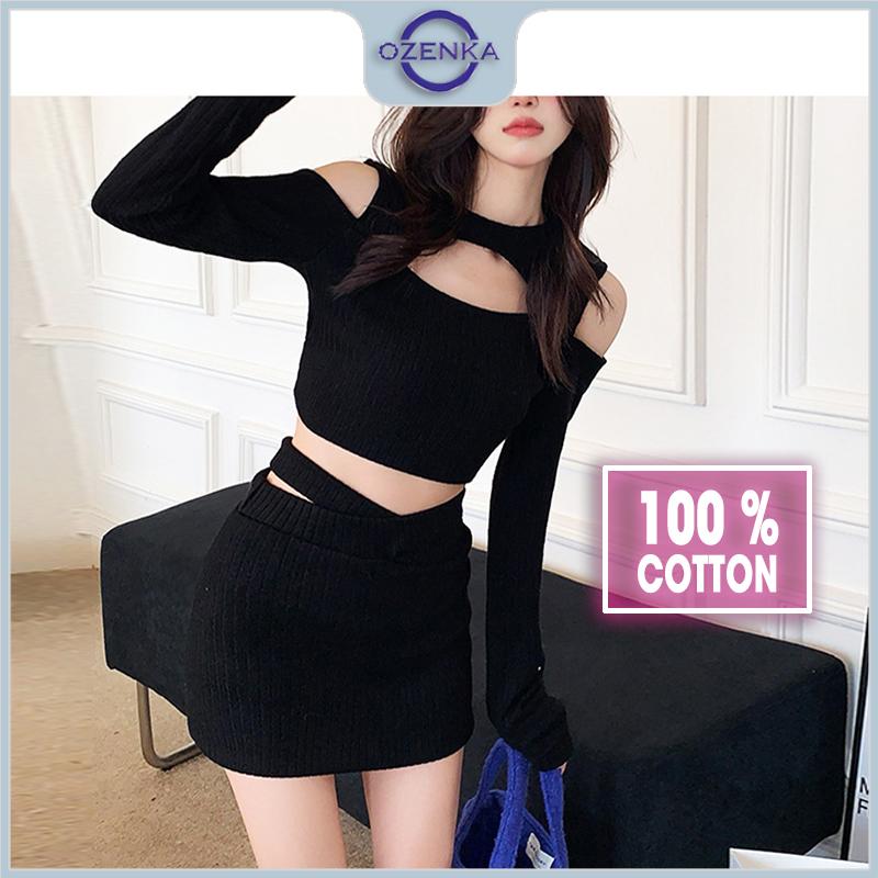Set áo croptop trễ vai chân váy ngắn ôm Ozenka , ao crt tay dài kèm chân váy ôm body vải gân cotton dày đẹp đen trắng Nữ Kem Denim Kem Denim Women Women