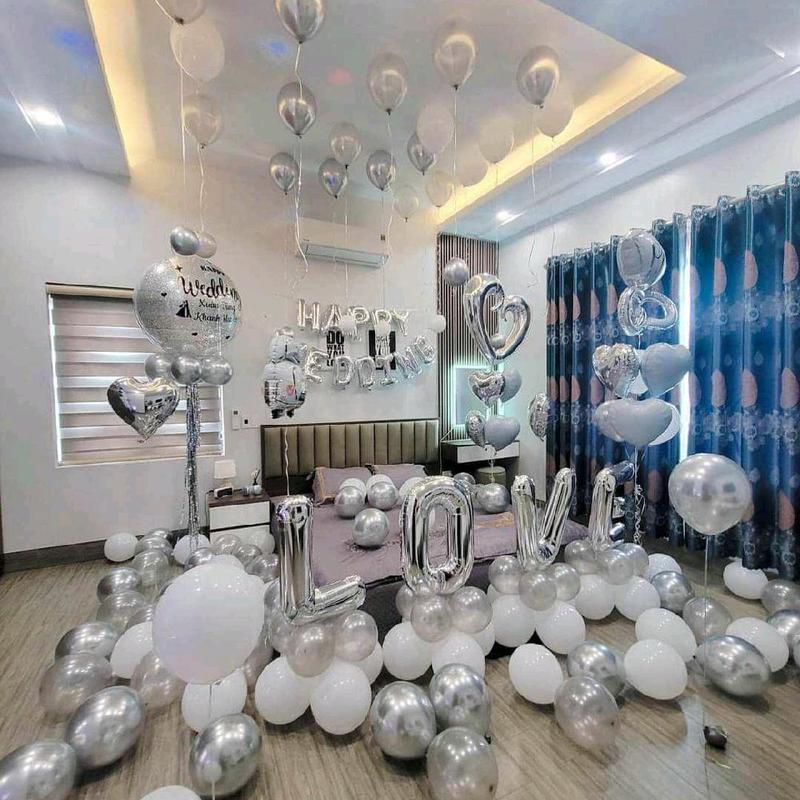Set Bóng Bay Trang Trí Phòng Cưới HAPPY WEDDING, bóng bay trang trí phòng tân hôn mẫu mới nhất màu trắng bạc [ Tặng 100 cánh hoa hồng]