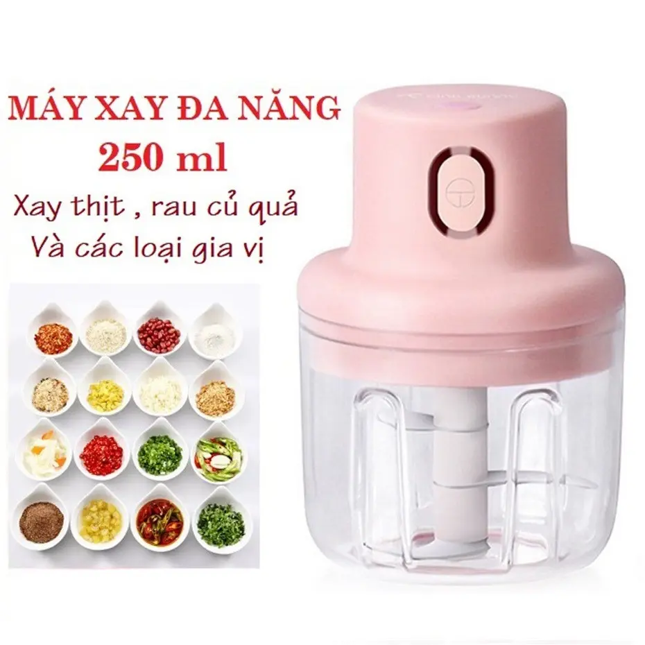 Máy Xay Mini Sạc Điện Nắp Hồng 250ml, Máy Xay Thịt Cầm Tay Mini – Máy Xay Tỏi Ớt, Củ Quả Đa Năng
