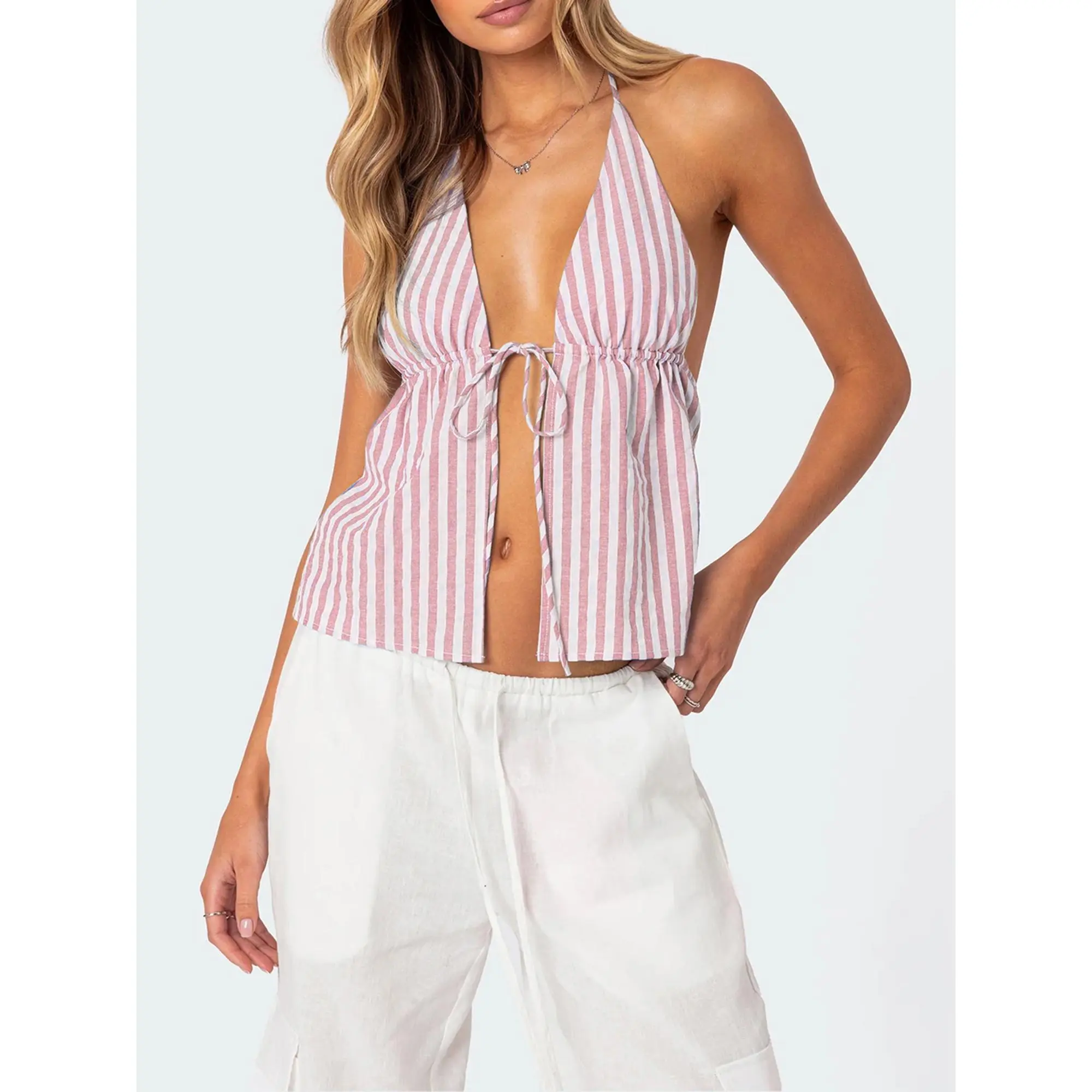 Women's Halter Neck Cami TopsStriped Tie-Up Low Cut Sleeveless Backless Crop Shirt for Party Club